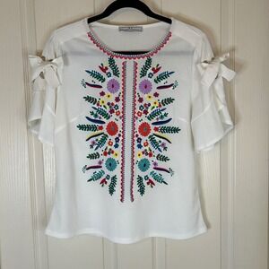 Special Person Embroidered White Shoulder Tie Sleeve Blouse Top Women's L Boho
